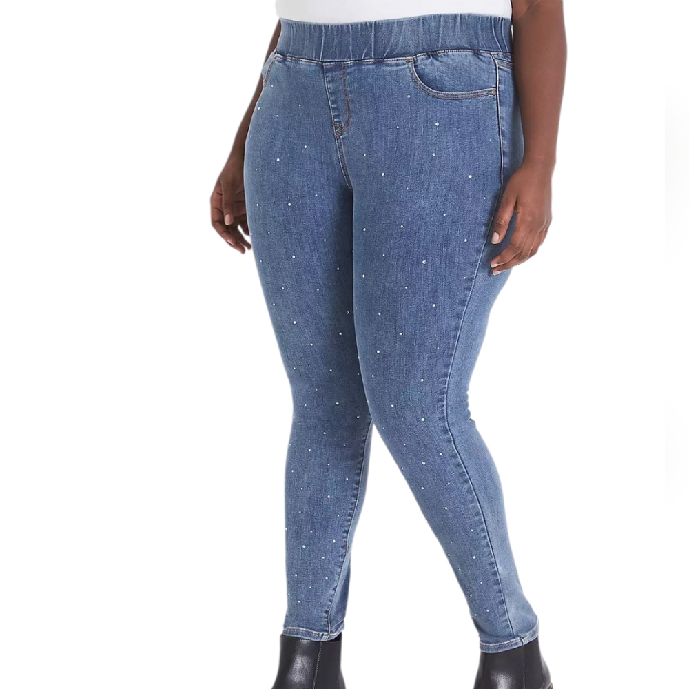 NWT Lane Bryant Pull On High Rise Rhinestone Light Wash Jeggings Sz 28